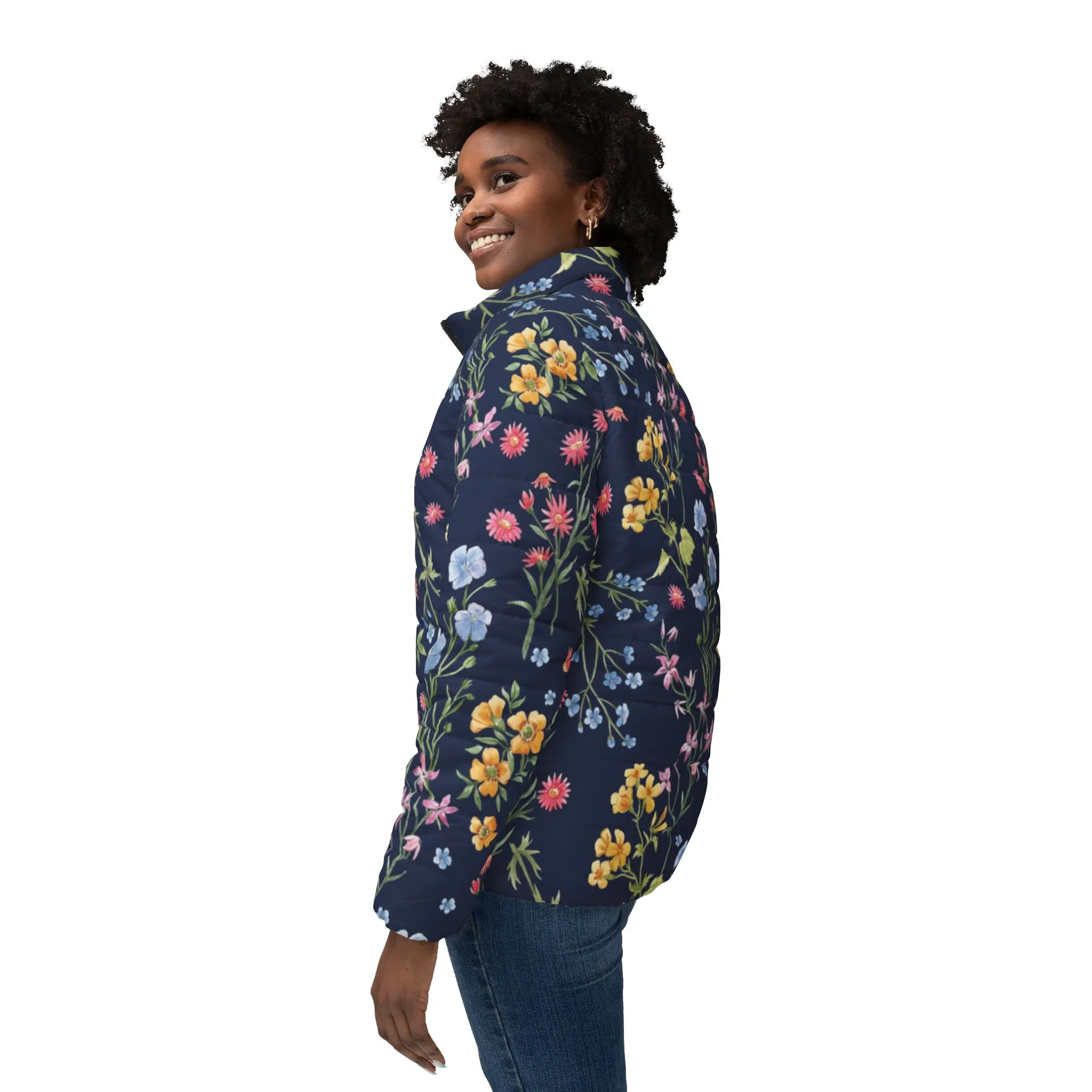Royal Blue Flowers Puffer Jacket
